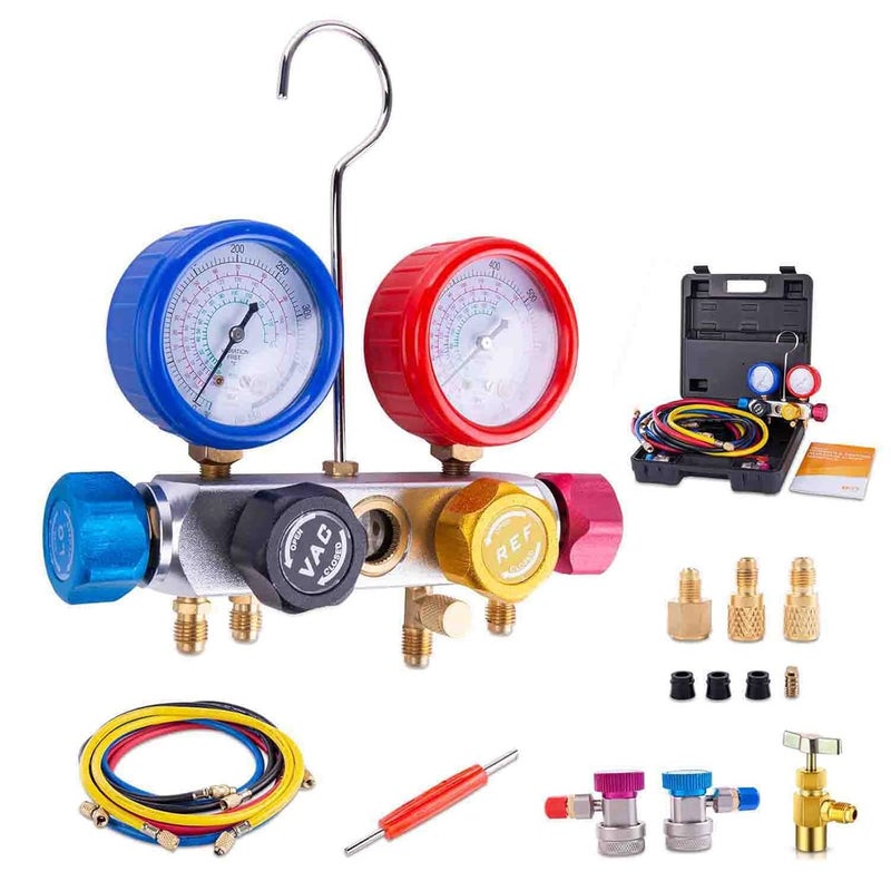 BACOENG AC Manifold Gauge Set for R134A R410A R22, HVAC Gauges with Hoses, 4 Way AutomotiveAir Conditioner Refrigerant Recharge Kit - Image 2